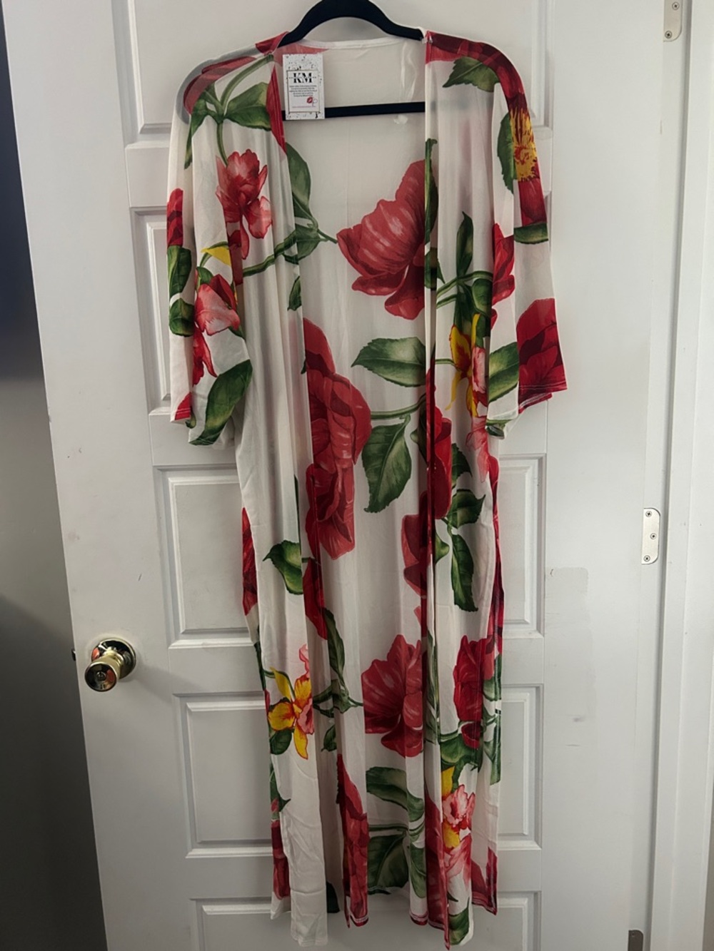 White Floral Kimono Robe with Red & Green Print
